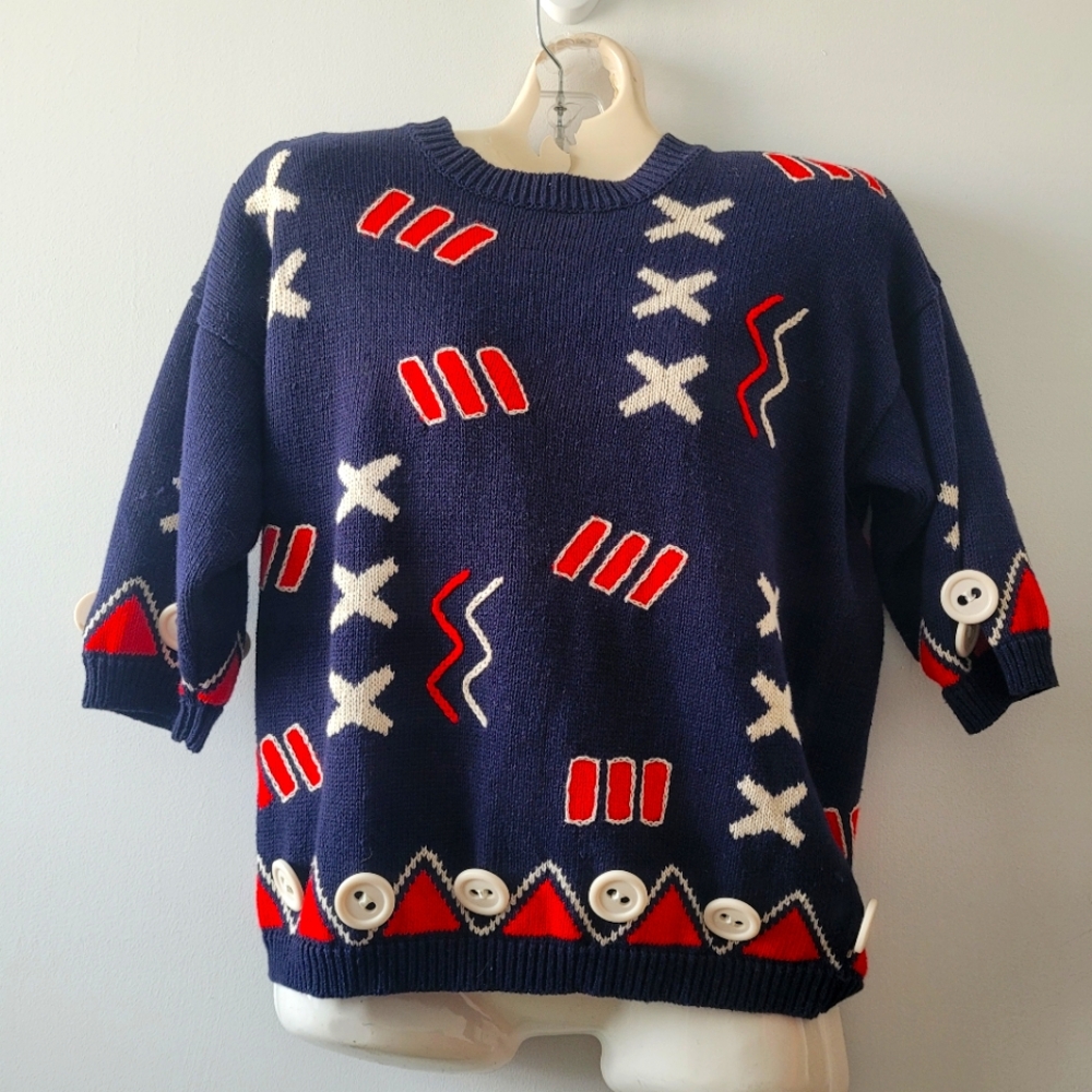 Vintage Chaus Sweater. Red/white/blue. Button Detail. Size:M
